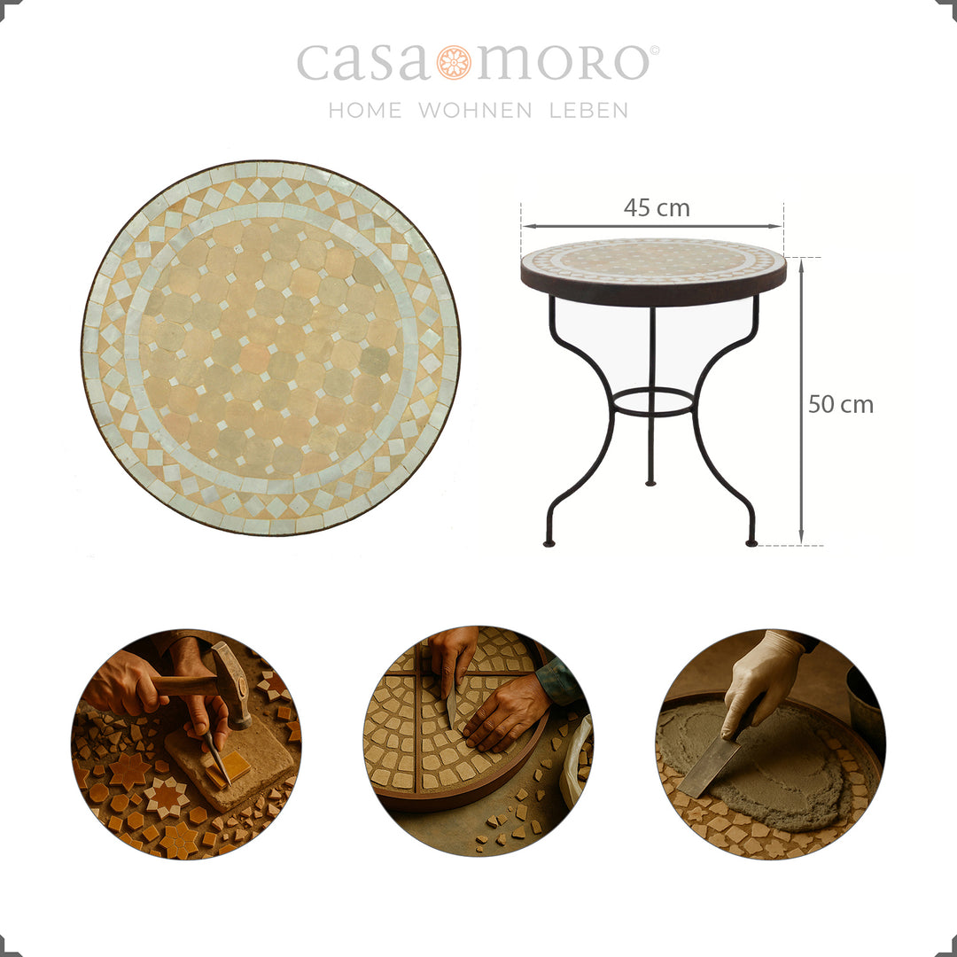 Round mosaic table with white terracotta ceramic tiles, handmade in Marrakech