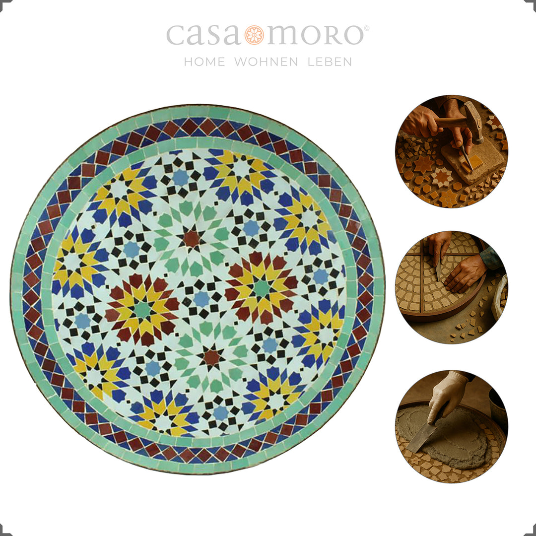 Compact garden table with multi-colored zellige surface - stable, versatile bistro table