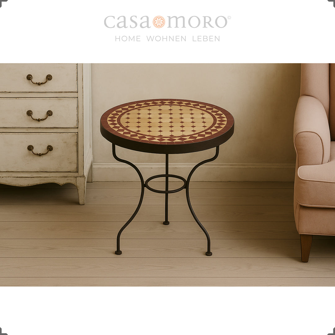 Storage table with Bordeaux terracotta mosaic, 45 cm diameter, table height 50 cm