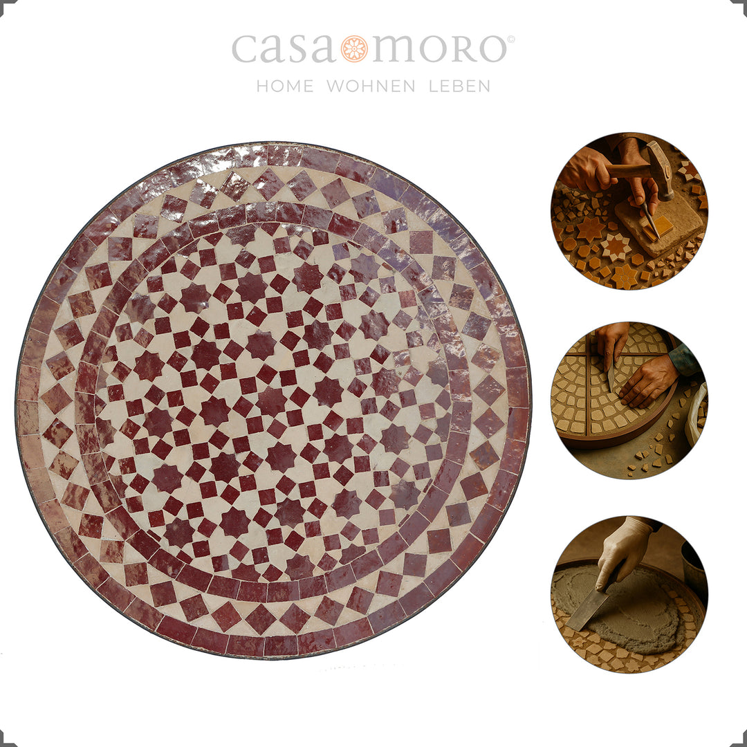 Round table with star mosaic in warm red tones, suitable as a coffee table or storage table