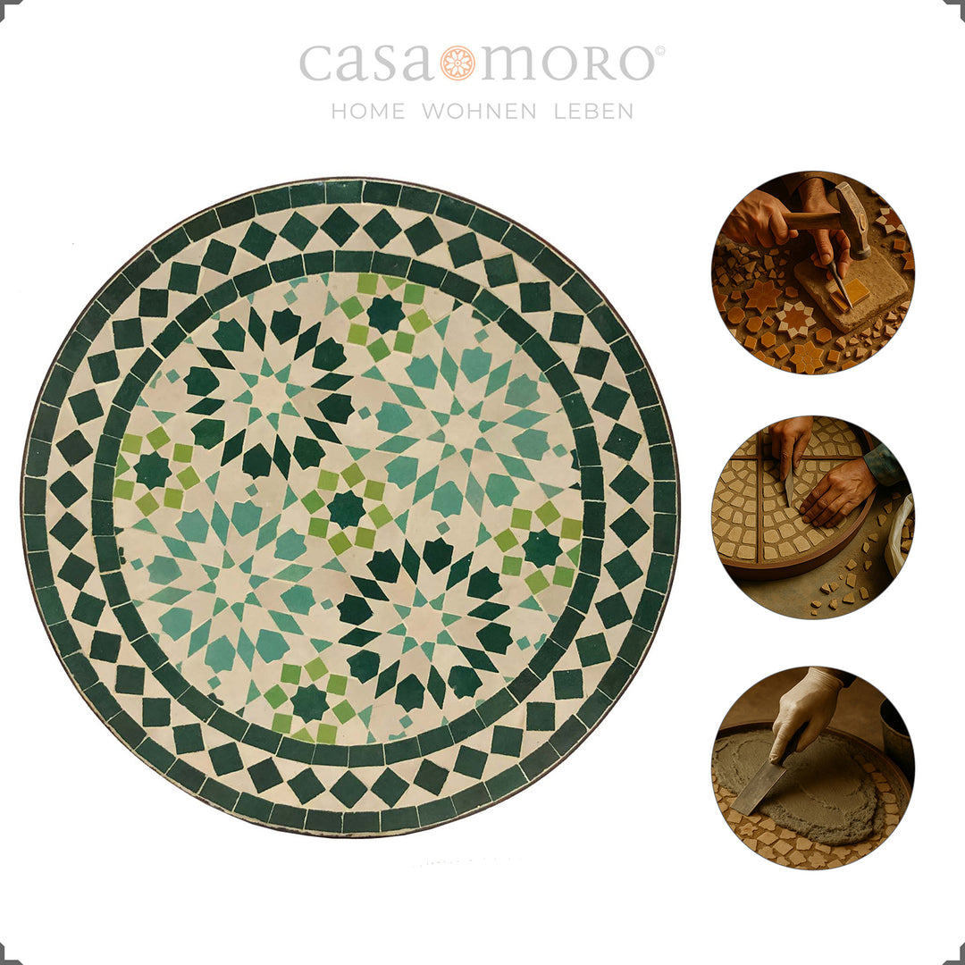 Oriental-classic plant table with a green star motif, ideal for the living room and garden
