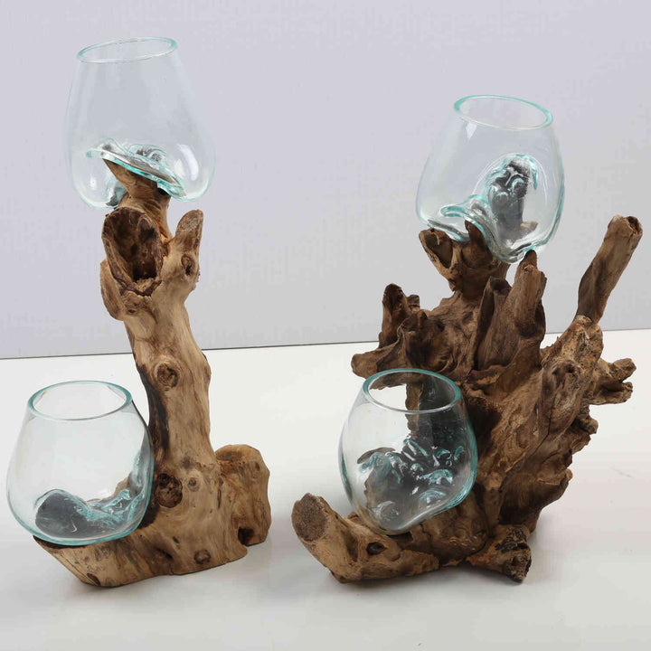 Double glass vase 12 cm on root wood