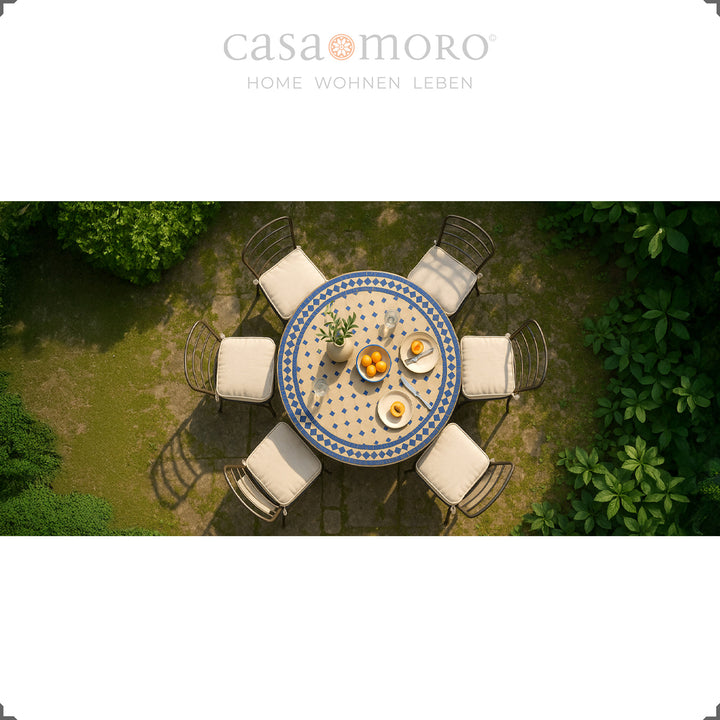 Round garden table made of ZELLIGE tiles with a Moroccan pattern