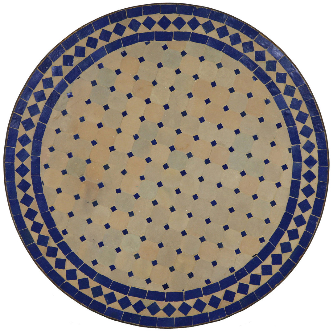 Garden table round 120 cm with handmade Zellige mosaic in blue and terracotta