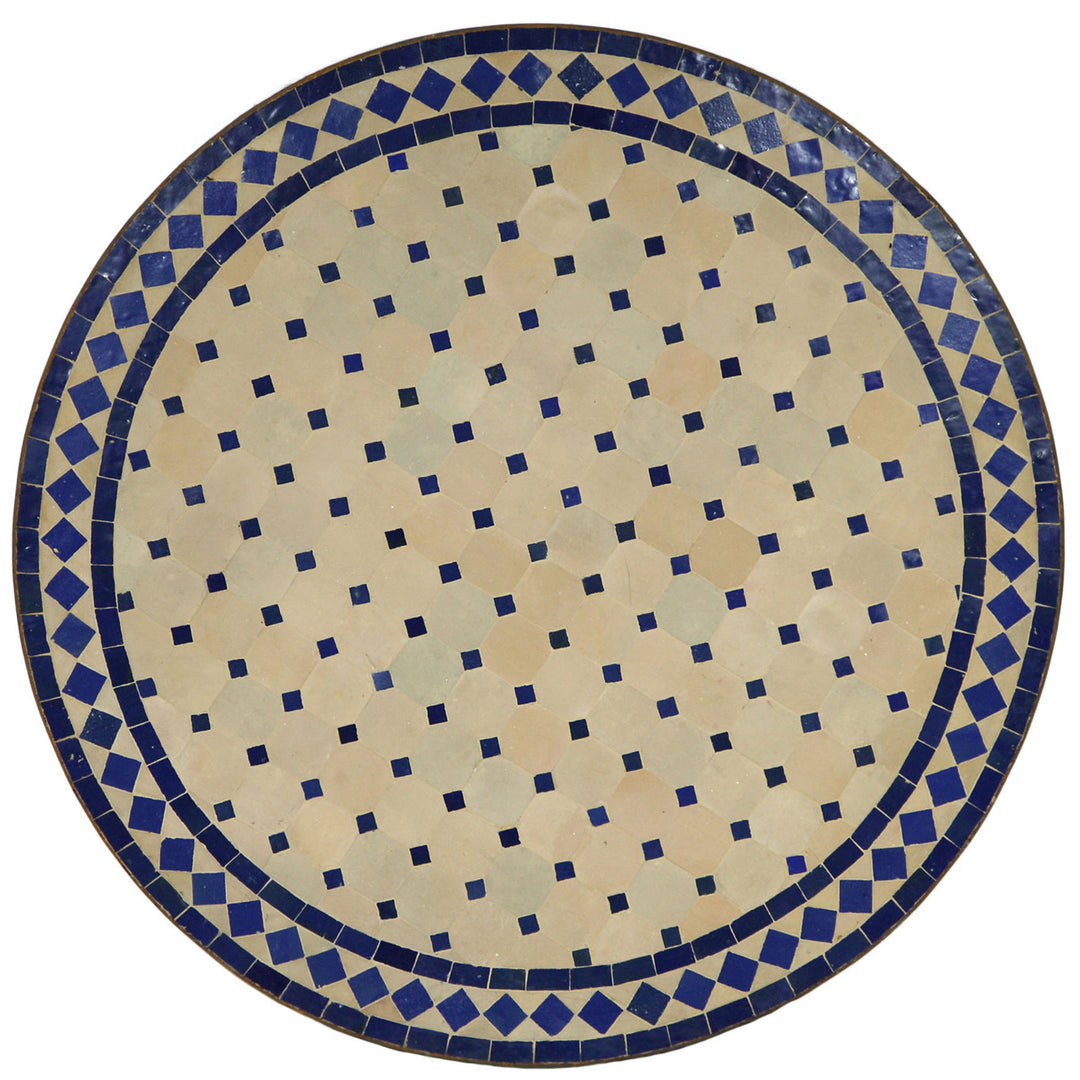Garden table round 80 cm with handmade Zellige mosaic in blue and terracotta
