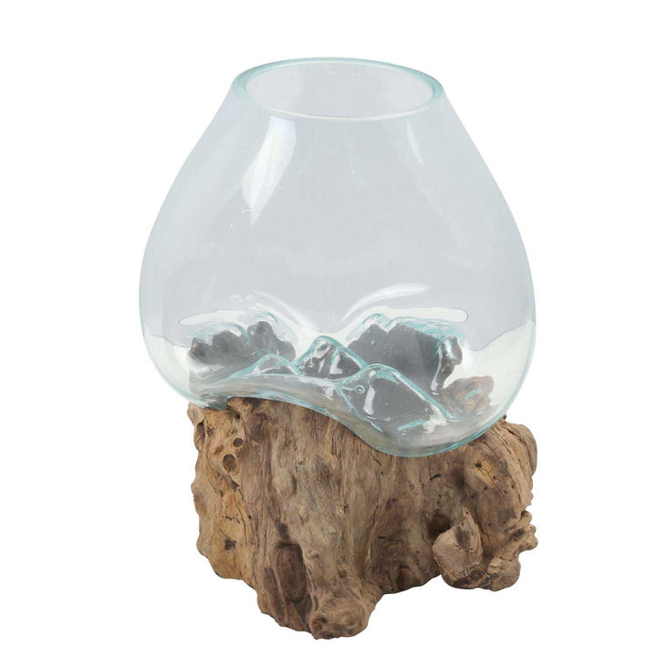 Glass vase on root wood A21