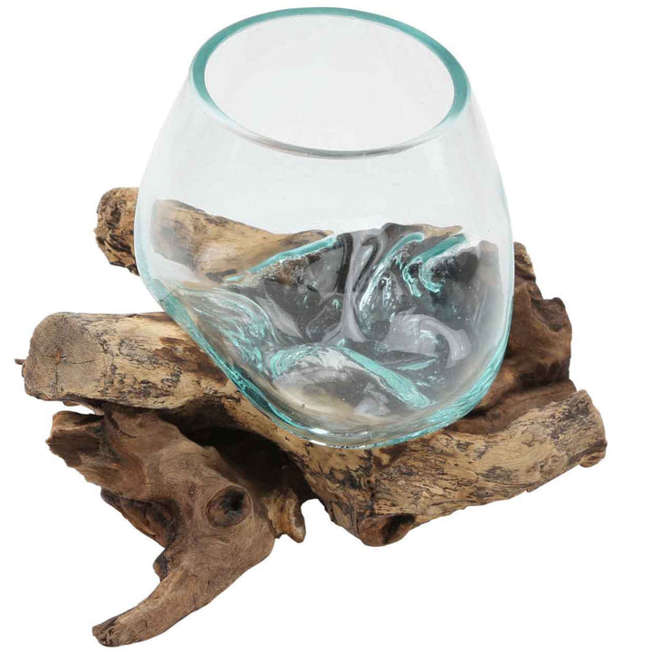 Glass vase on burl wood A12