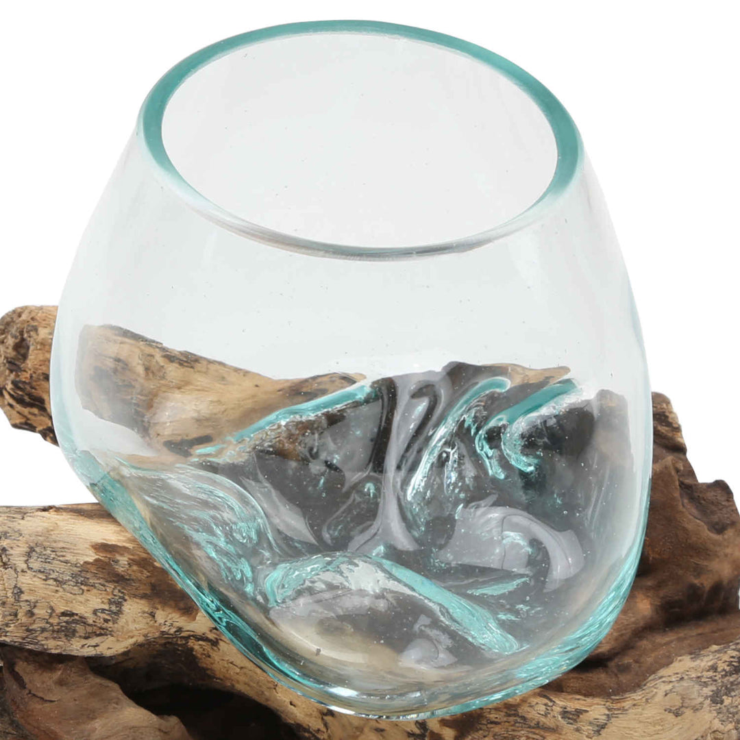 Glass vase on burl wood A12