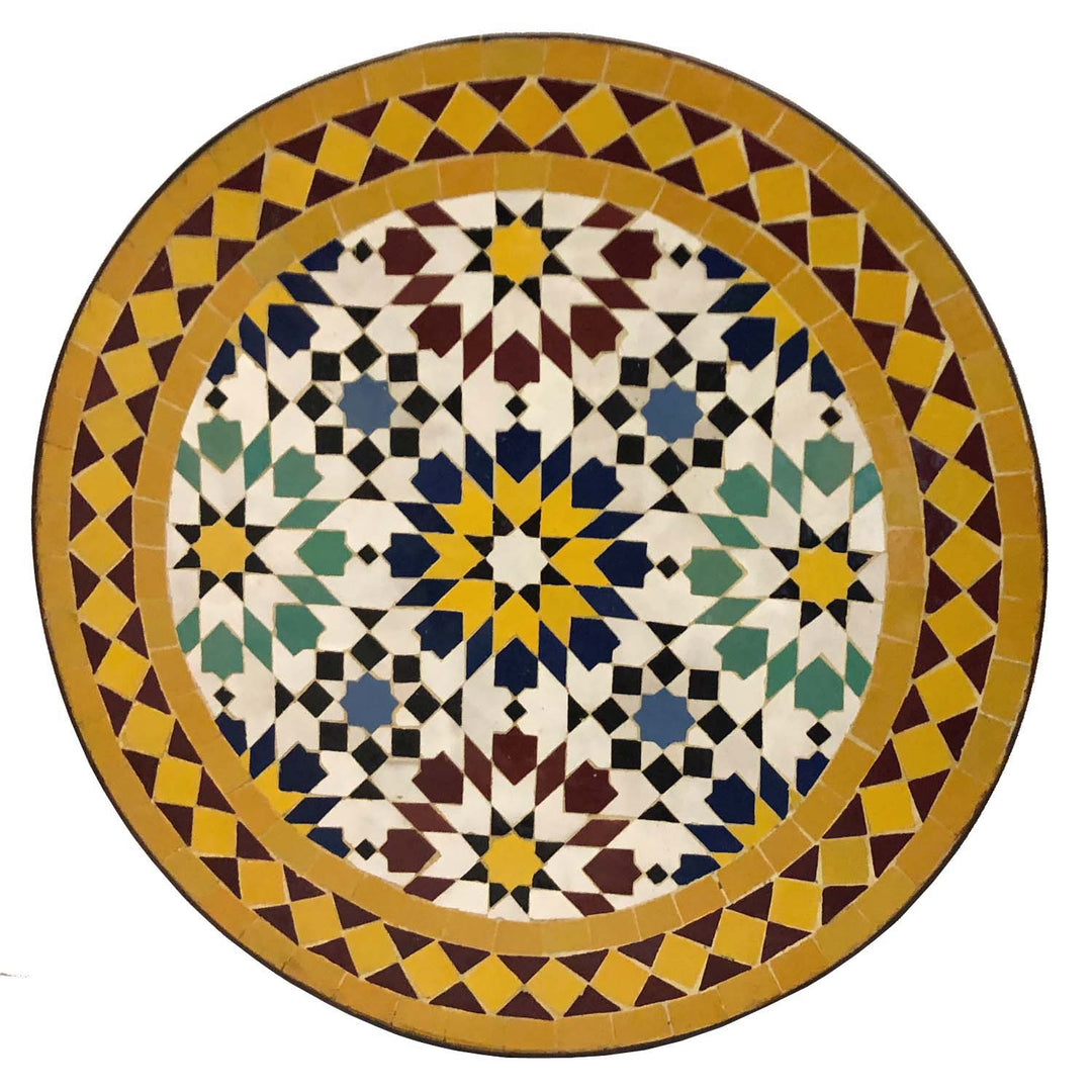 Coffee table round 45 cm with multicolor Zellige mosaic in yellow, burgundy and turquoise