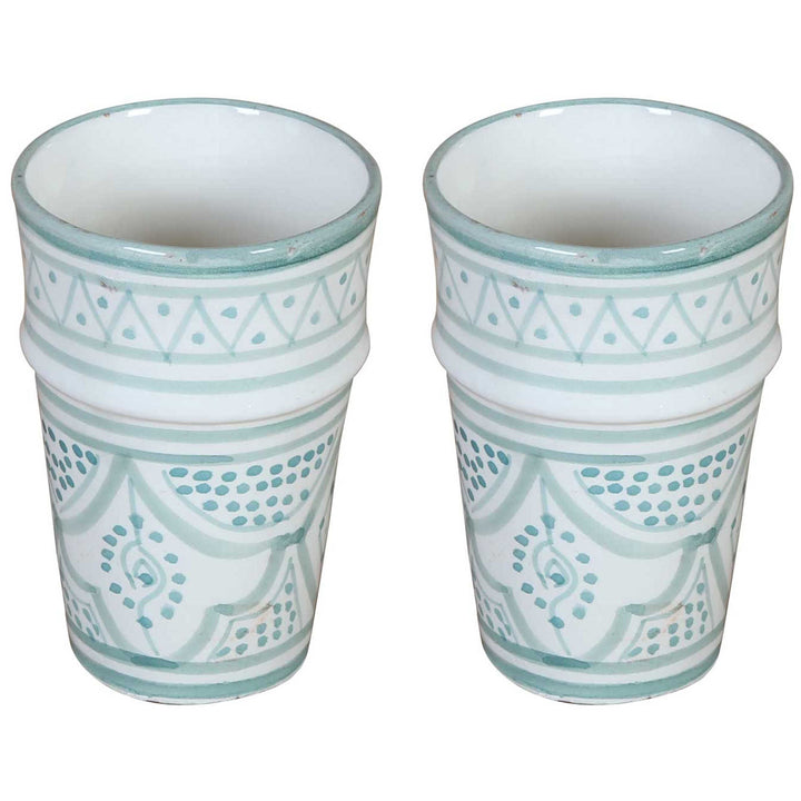 Moroccan Sakina Ceramic Mugs, Light Green and White, Set of 2