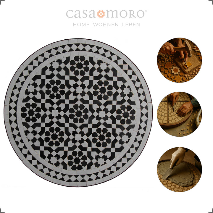 Mosaic table with an artistic black and white pattern and curved frame