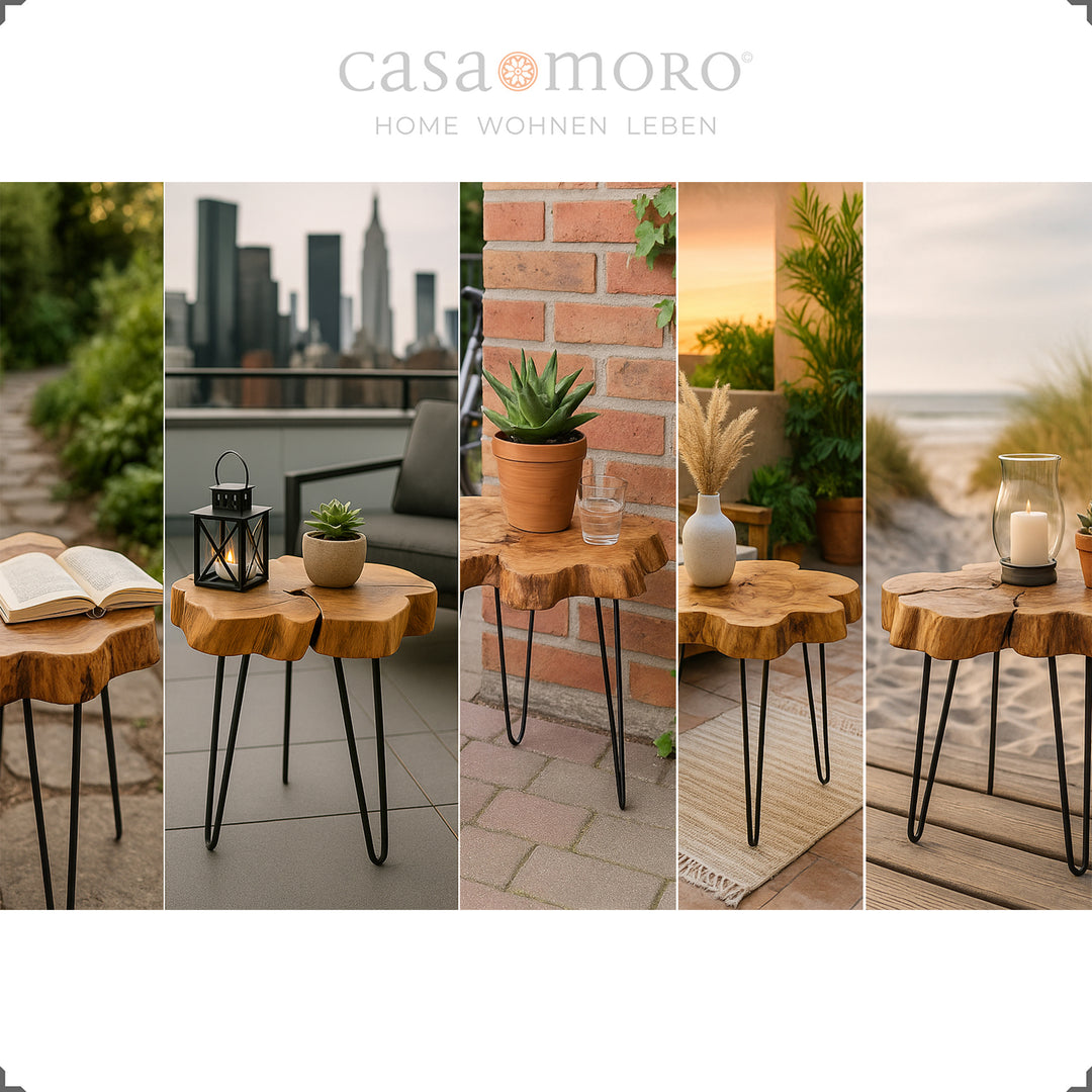 Teak plant stand with hairpin frame, decorative for indoor and outdoor use