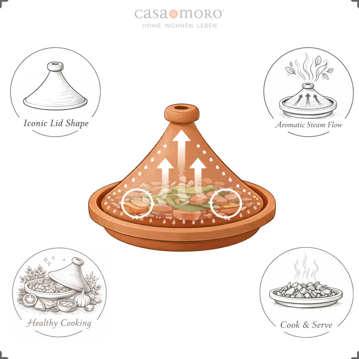 Tajine from Morocco 30 cm for healthy cooking, natural steam circulation in the unglazed clay