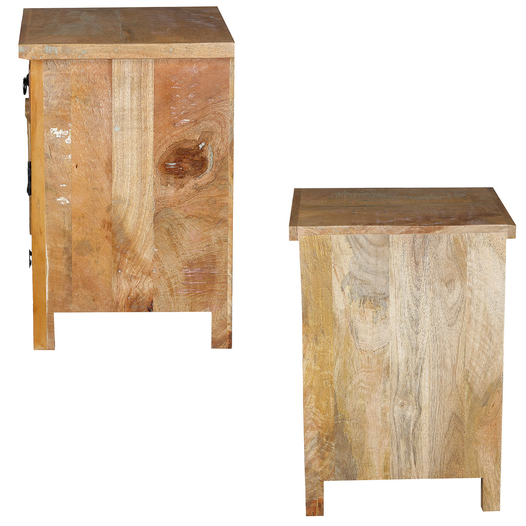 Side view of a chest of drawers made of solid old wood with visible grain, isolated on a white background
