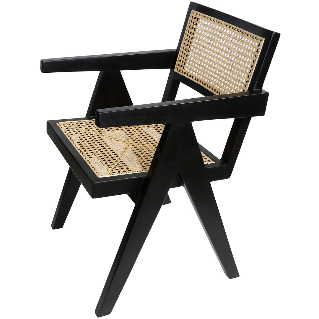 Black armchair with Viennese weave, contrasting design made of teak and rattan for dining room or office
