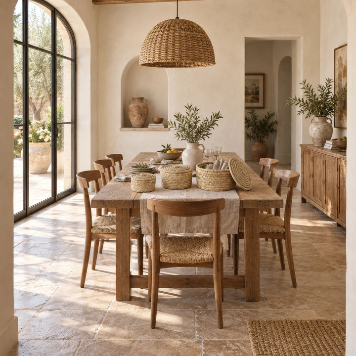 Three baskets with palm-leaf lids on a dining table: 3.5 liters, 7 liters, and 15 liters in volume.
