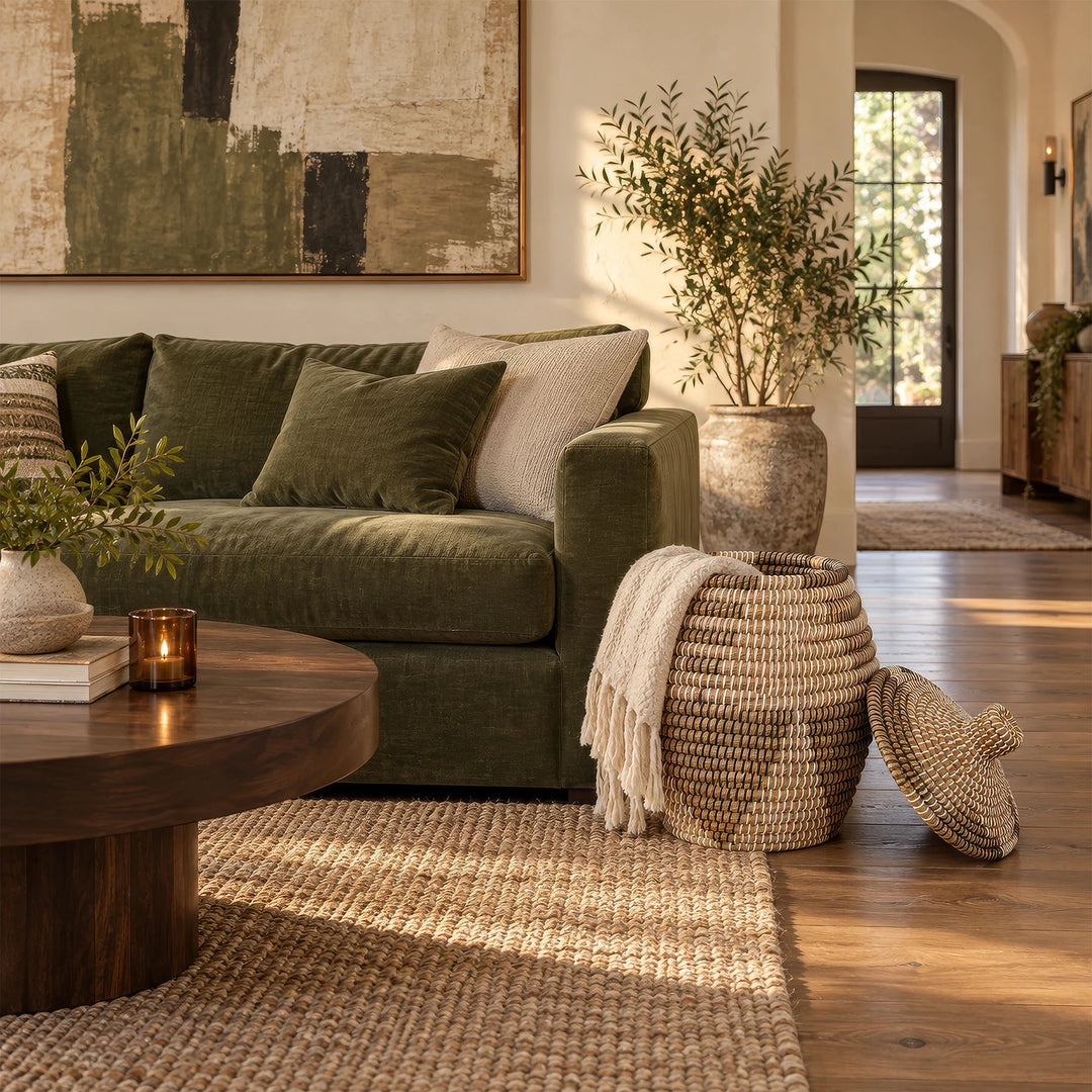 An open seagrass basket in natural/brown/black/white with a capacity of about 30 liters and a light-colored cover, placed next to the sofa.