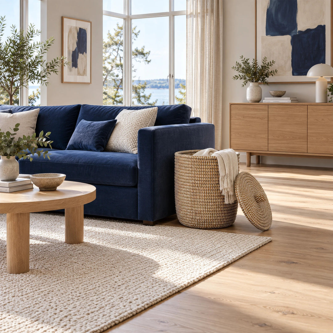 A seagrass basket with a capacity of about 65 liters, a light-colored top, and a lid resting against it, next to a blue sofa.