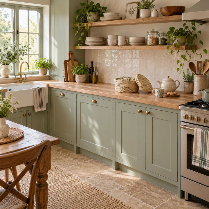 A palm-leaf storage basket, Ø 28 cm, with tea bags and a lid resting against it on the kitchen countertop.