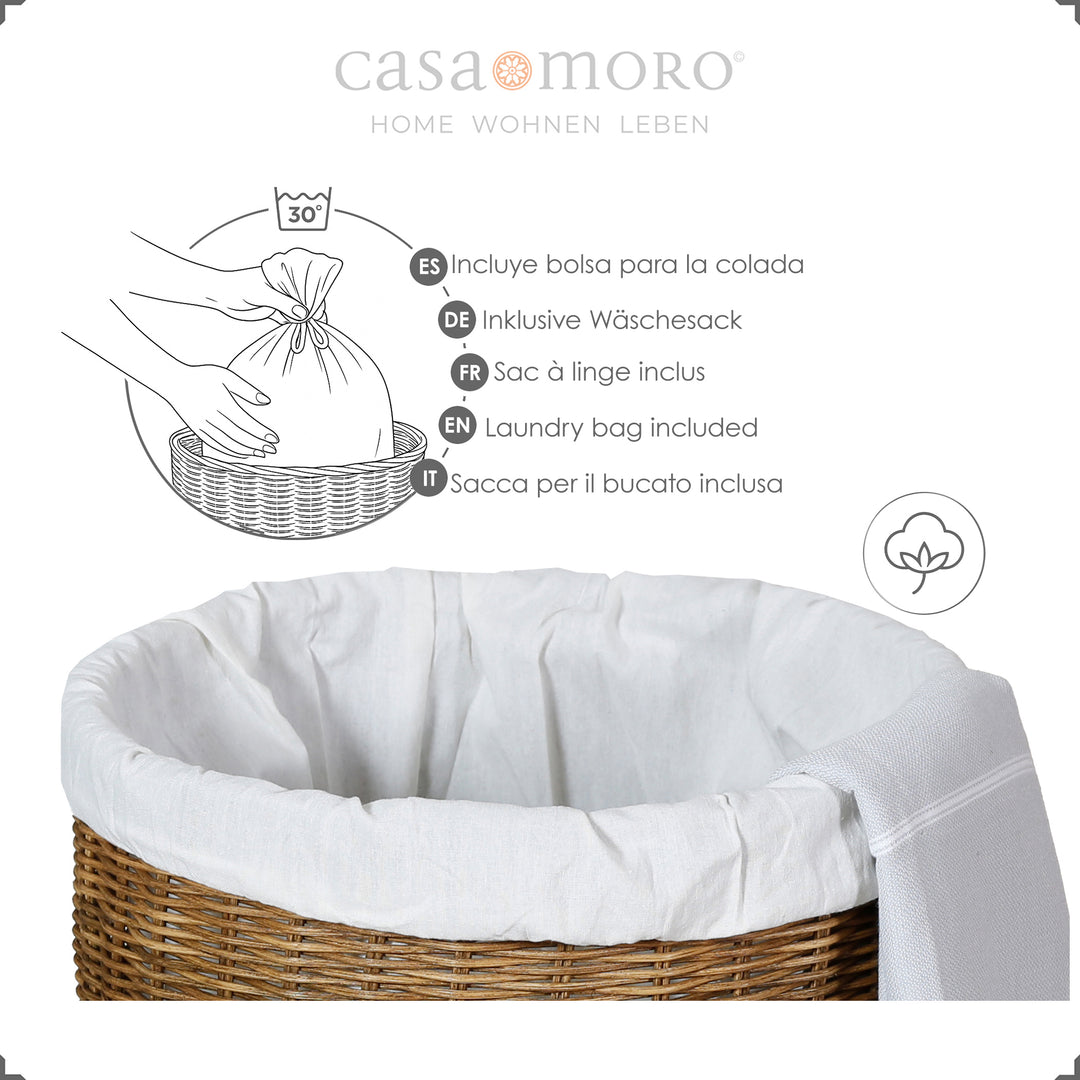 Dark brown storage basket made of woven natural rattan, with cotton inner bag and lid