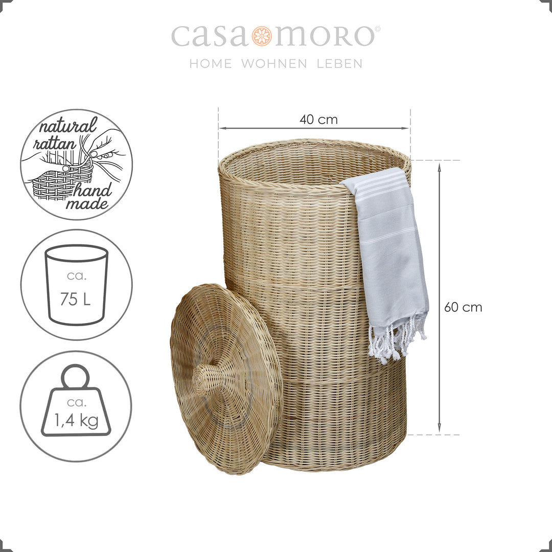 Tall rattan basket model with lid and hammam towel, can be used as storage or laundry basket