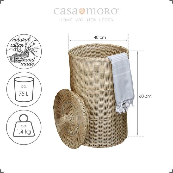 Tall rattan basket model with lid and hammam towel, can be used as storage or laundry basket