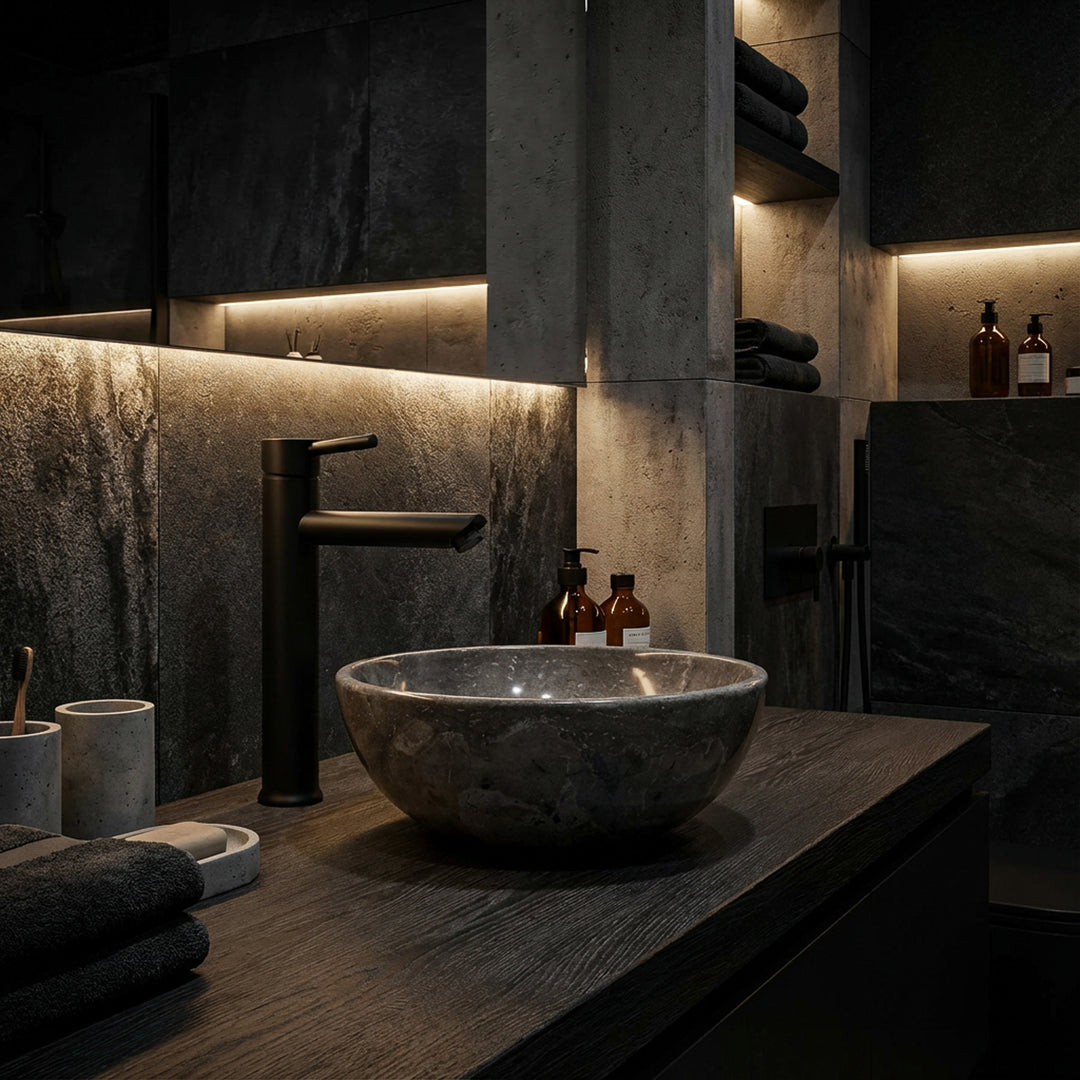 Round countertop marble sink on dark wooden vanity in modern spa bathroom with black faucet and indirect light