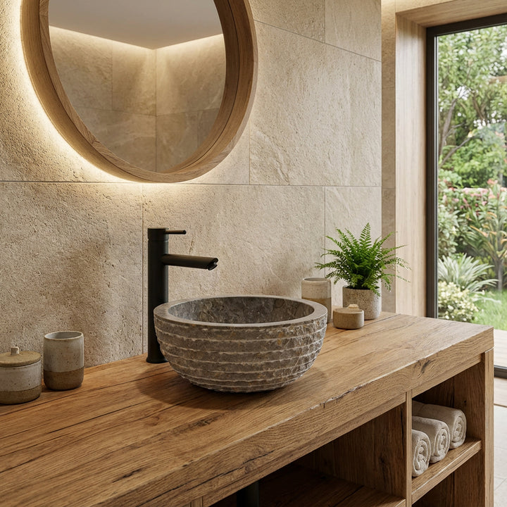 Round countertop basin made of natural stone on a solid wooden console, modern bathroom with stone wall, plants and daylight
