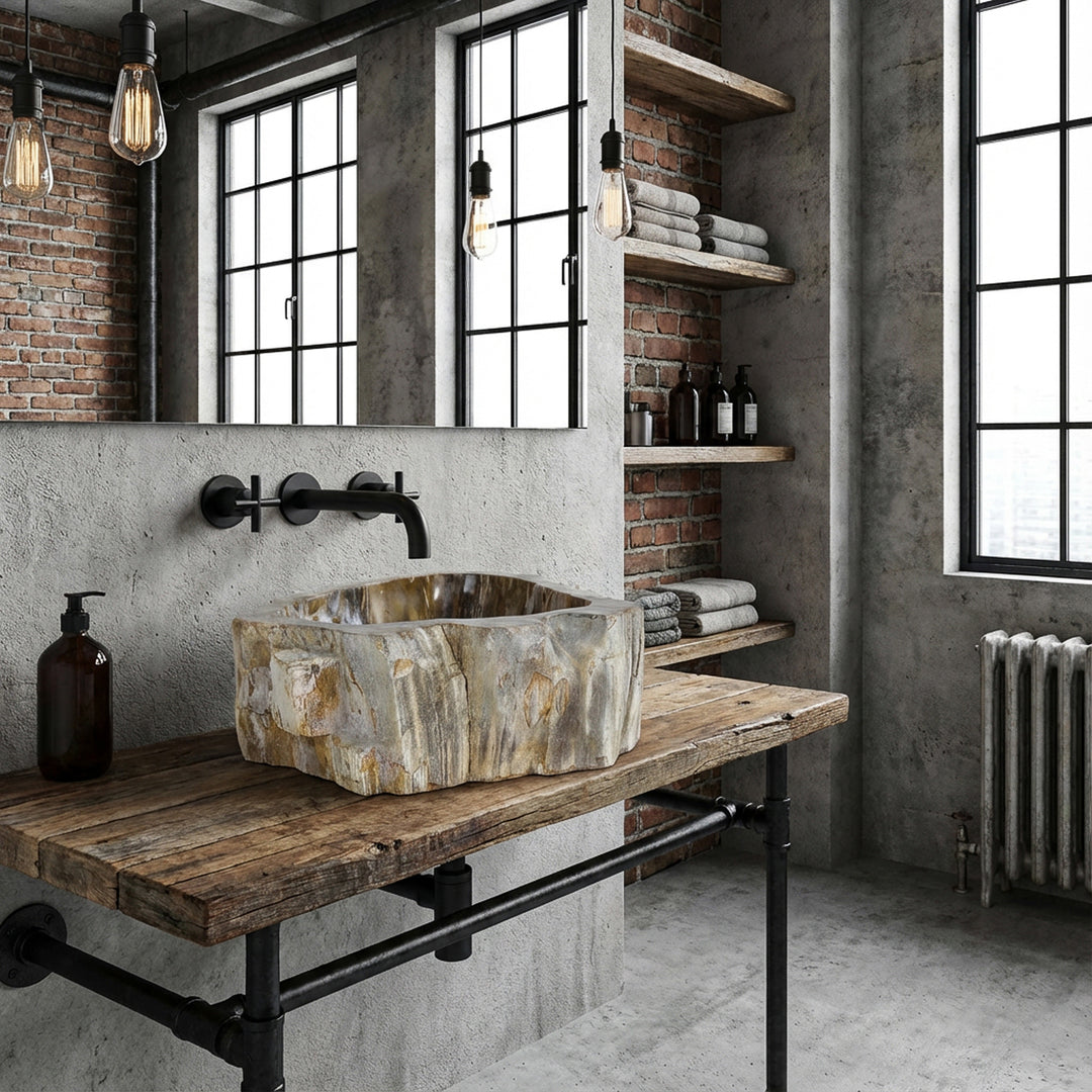 Countertop washbasin made of natural stone with fossil wood structure, placed on wooden shelf in industrial bathroom with brick wall and metal fittings.
