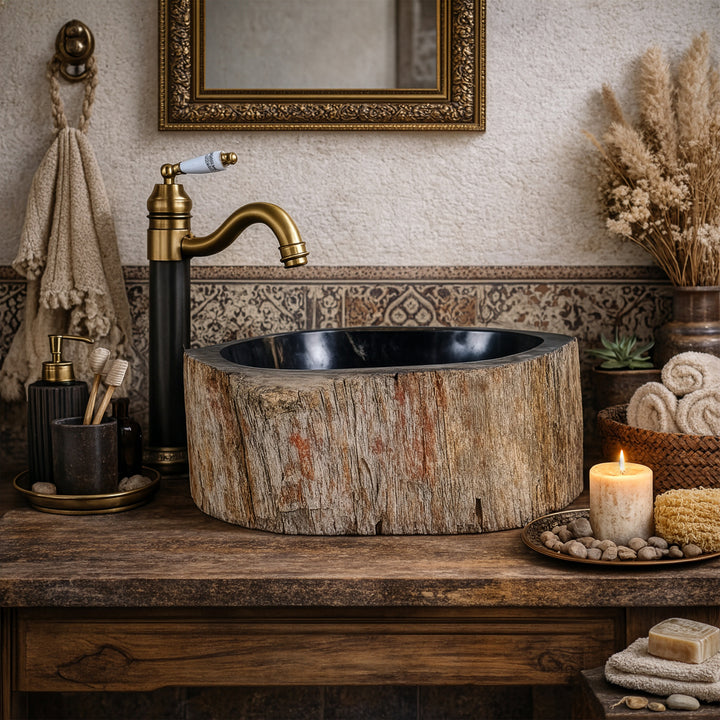 Countertop washbasin made of natural stone with a fossilized wood structure, round stone basin on a wooden console with brass fittings in a warm bathroom ambience.