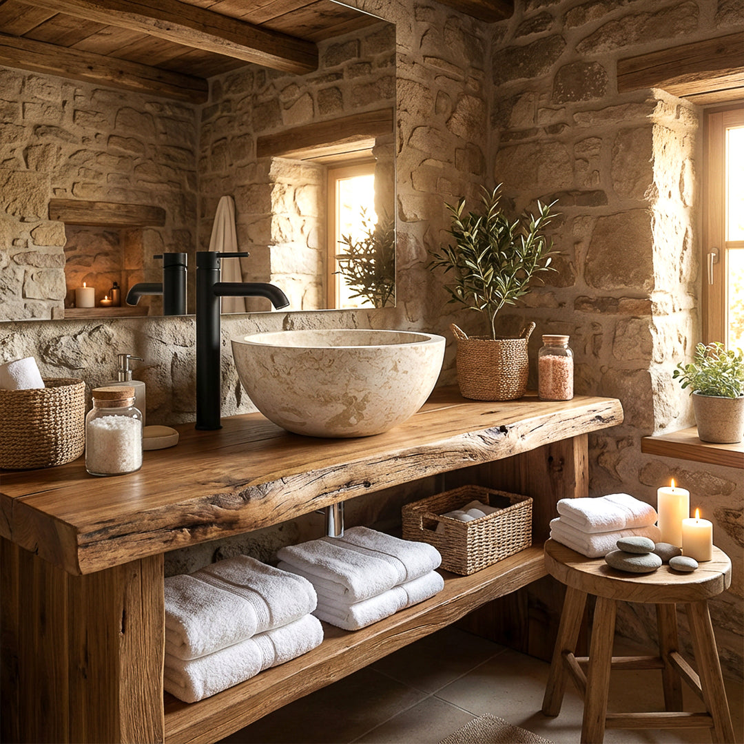 Round countertop washbasin made of light stone on a solid wooden console with black fittings in a warm natural stone bathroom
