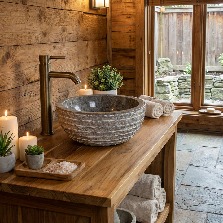 Round stone washbasin as a countertop washbasin on a wooden console, rustic bathroom with candles, natural stone floor and window light