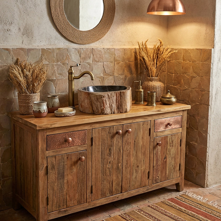 Countertop washbasin made of stone with a fossil wood look, round Washbasin on a solid washbasin in a warm natural bathroom with clay tiles.