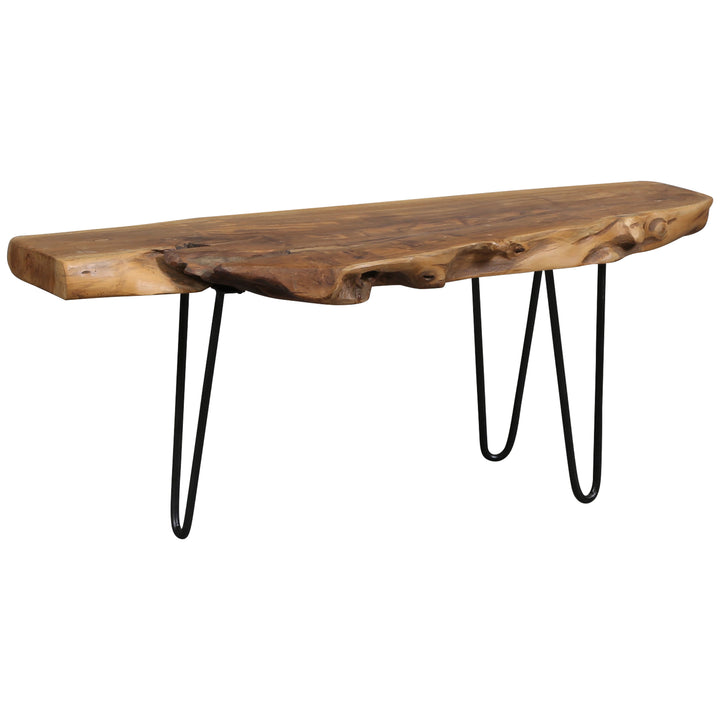 Naturally grown teak flower bench with delicate metal legs for the living room