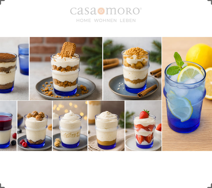 Set of glasses in blue served with various desserts - perfect as dessert glasses for creamy creations