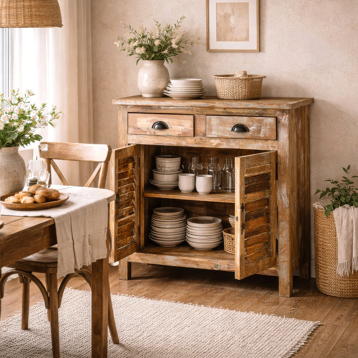 Solid wood highboard in the dining room with opened doors, dishes in the interior, warm living scene