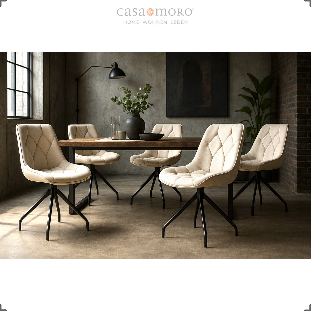 Set of 6 upholstered chairs that can be rotated 360° in beige with a black metal frame - modern dining area with wooden table and industrial loft charm