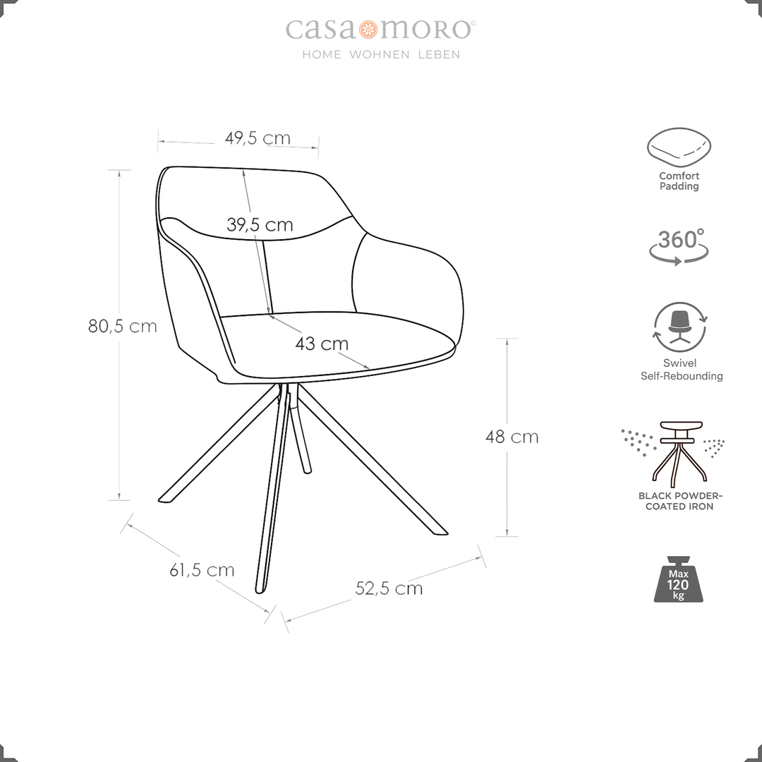Technical drawing of a 360° rotating upholstered chair with armrests in beige, including dimensions and symbols for comfort upholstery, auto-return function and metal frame