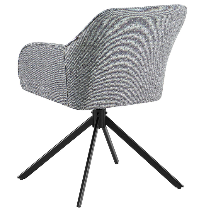 Rear view of a 360° rotating upholstered chair with armrests in gray, padded backrest in a herringbone pattern and a black metal frame in the shape of a tripod