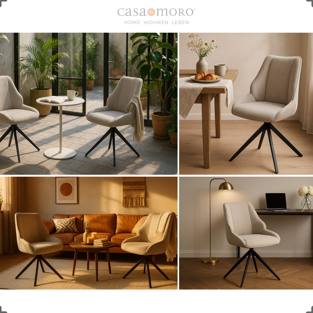 360° rotating dining chairs in light gray with a black metal frame in different living situations - stylishly combined in the dining room, living room, office and winter garden