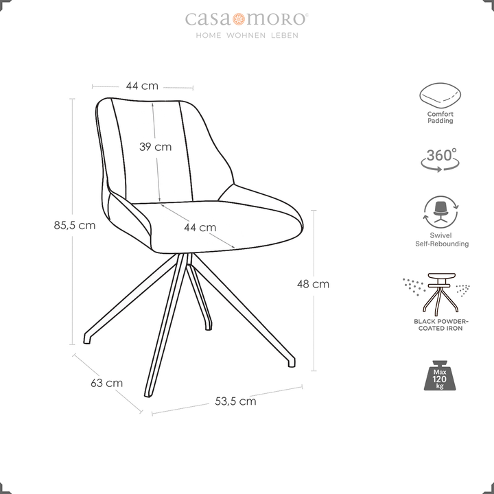 Dimensional drawing of the 360° rotating dining room chair in light gray with dimensions, metal frame and symbols for auto-return function, comfort padding and load capacity up to 120 kg