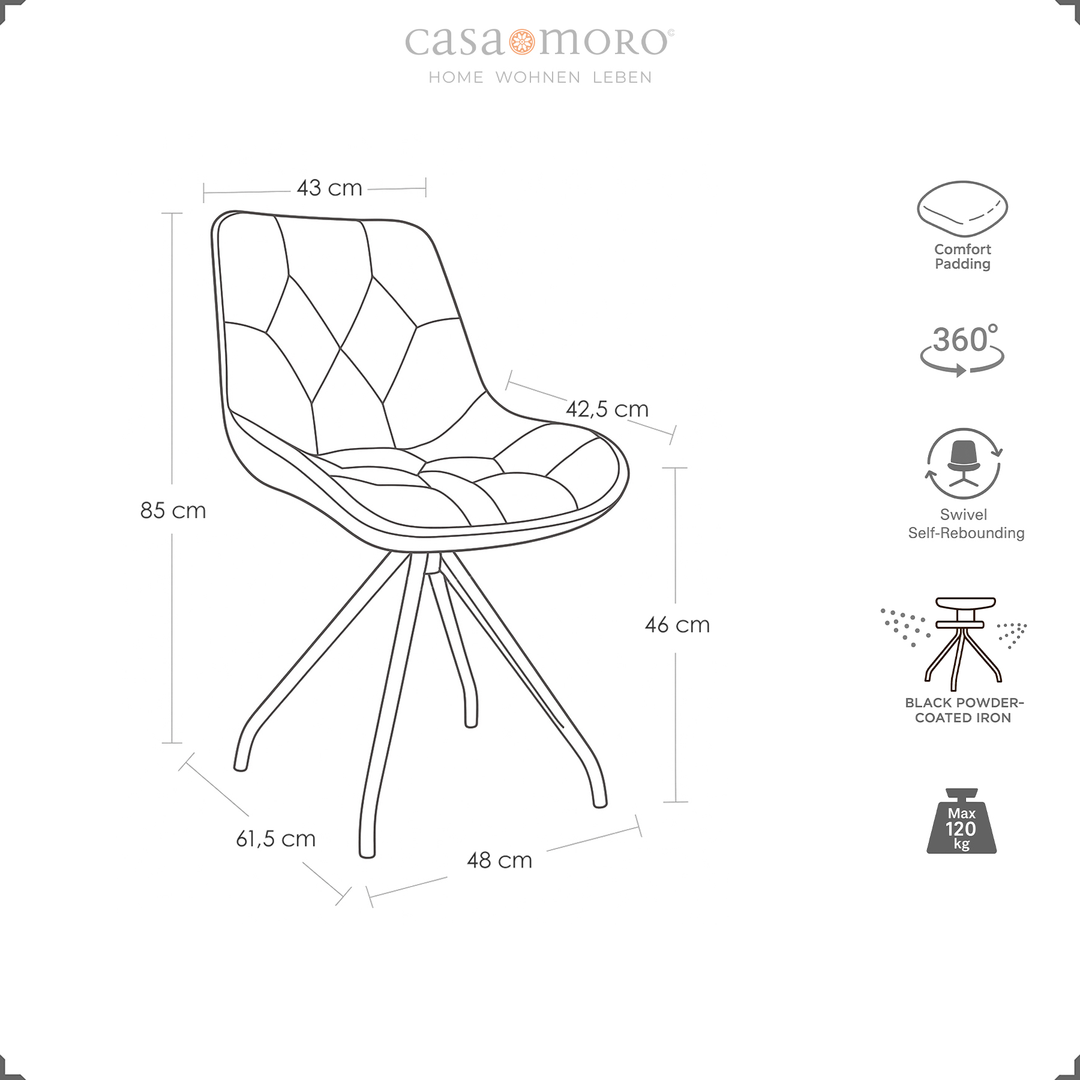 Dimensional drawing of the dining room chair with 360° rotation function in gray - dimensions, auto-return function, metal frame and load capacity up to 120 kg