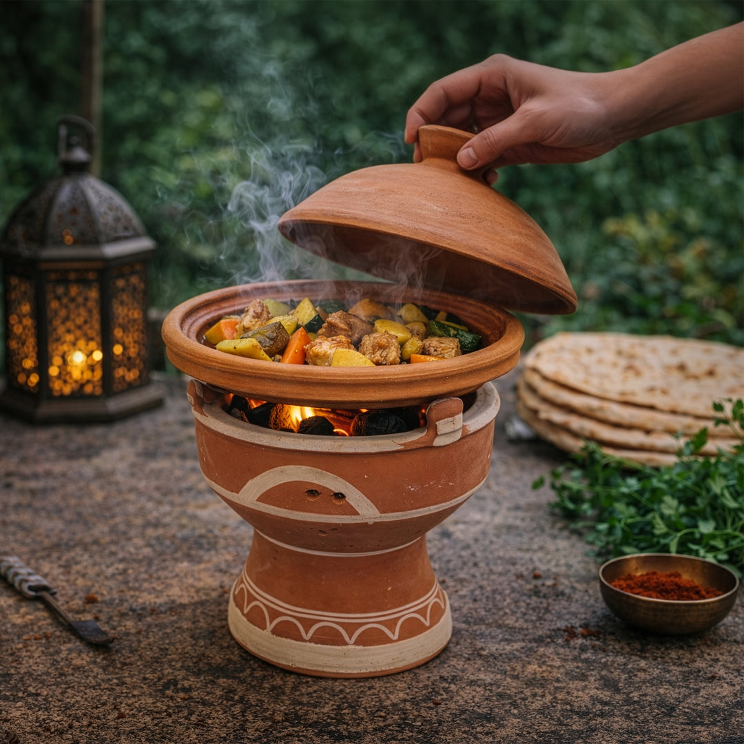 Tajine on mejmar clay warmer for charcoal, Moroccan table grill with open embers for Tagine