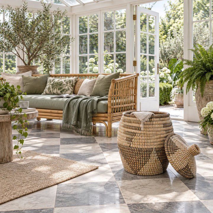 Open seagrass basket in natural/brown/black/white with a capacity of approximately 30 liters, used as a blanket in the sunroom.