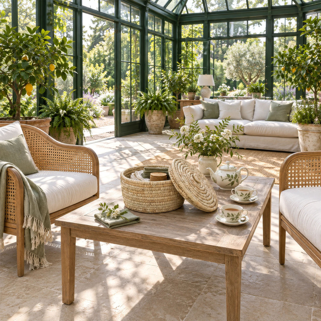 A woven palm-leaf basket with a 15-liter capacity, napkins, and a lid resting against it on a table in the sunroom.