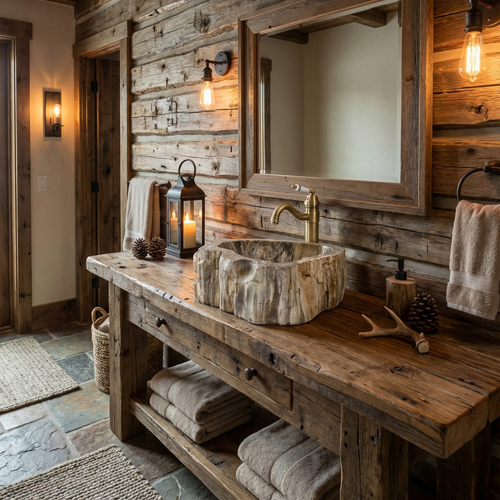 Fossil wood Washbasin as a rustic countertop basin on a solid wood table, atmospheric chalet bathroom with warm lighting.