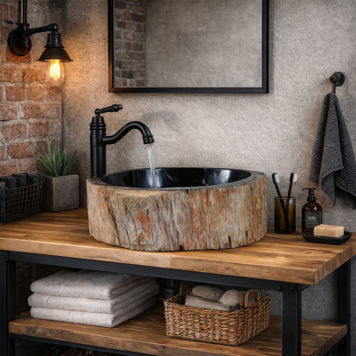 Countertop washbasin made of fossil wood with a dark interior surface, round stone washbasin on a wood-metal console in the industrial bathroom with black fittings.