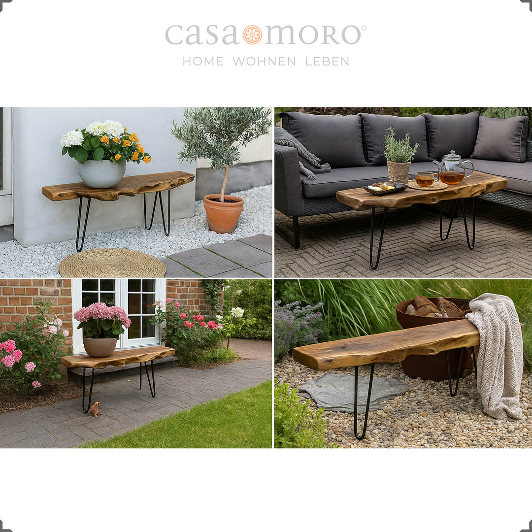 Teak garden bench as a table or plant bench in the outdoor area, staged between flowers, terrace and lounge