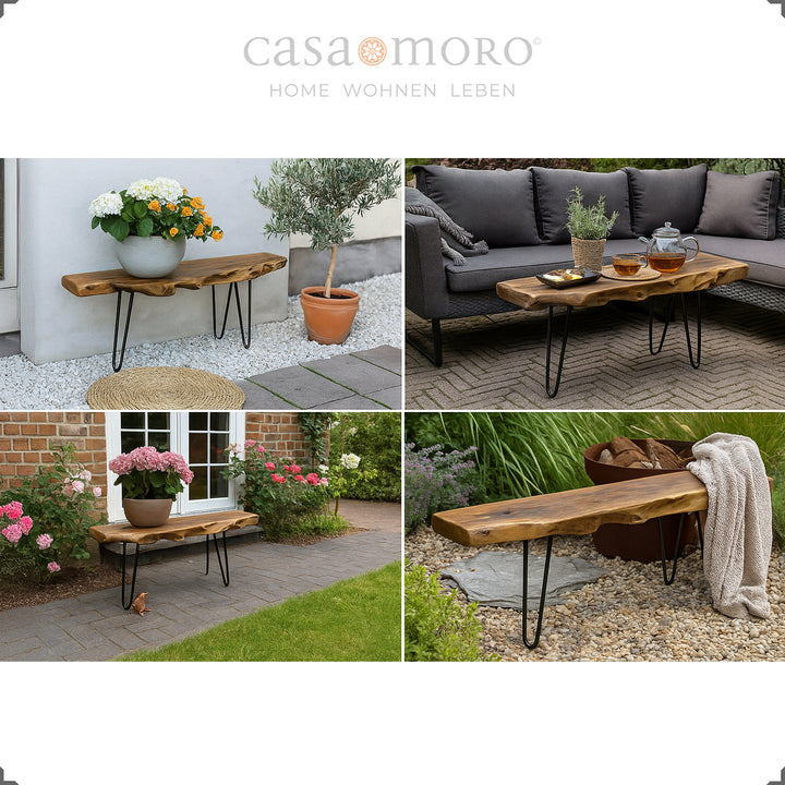 Teak garden bench as a table or plant bench in the outdoor area, staged between flowers, terrace and lounge