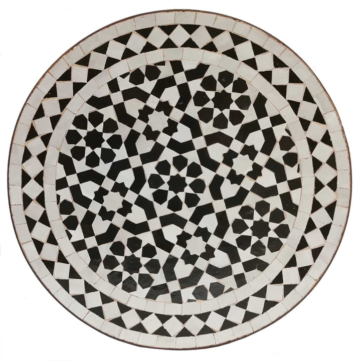 Garden table small round 45 cm with black and white zellige mosaic and wrought iron frame